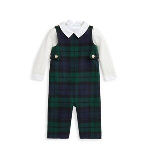 Ralph Lauren Green and Blue Plaid Kids Bodysuit and overall set. Brand New!